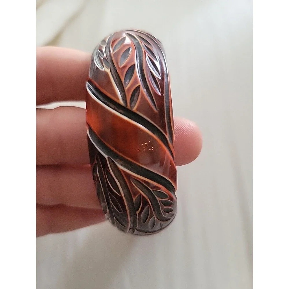 Vtg Mid Century Burnt Orange Deeply Carved Leaf Large Bangle Bracelet Bakelite?
